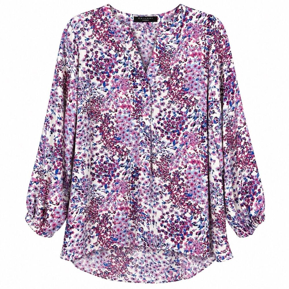 Tahari Woman 1X Floral Print Tunic Blouse Purple Split Neck Long Sleeve Plus
